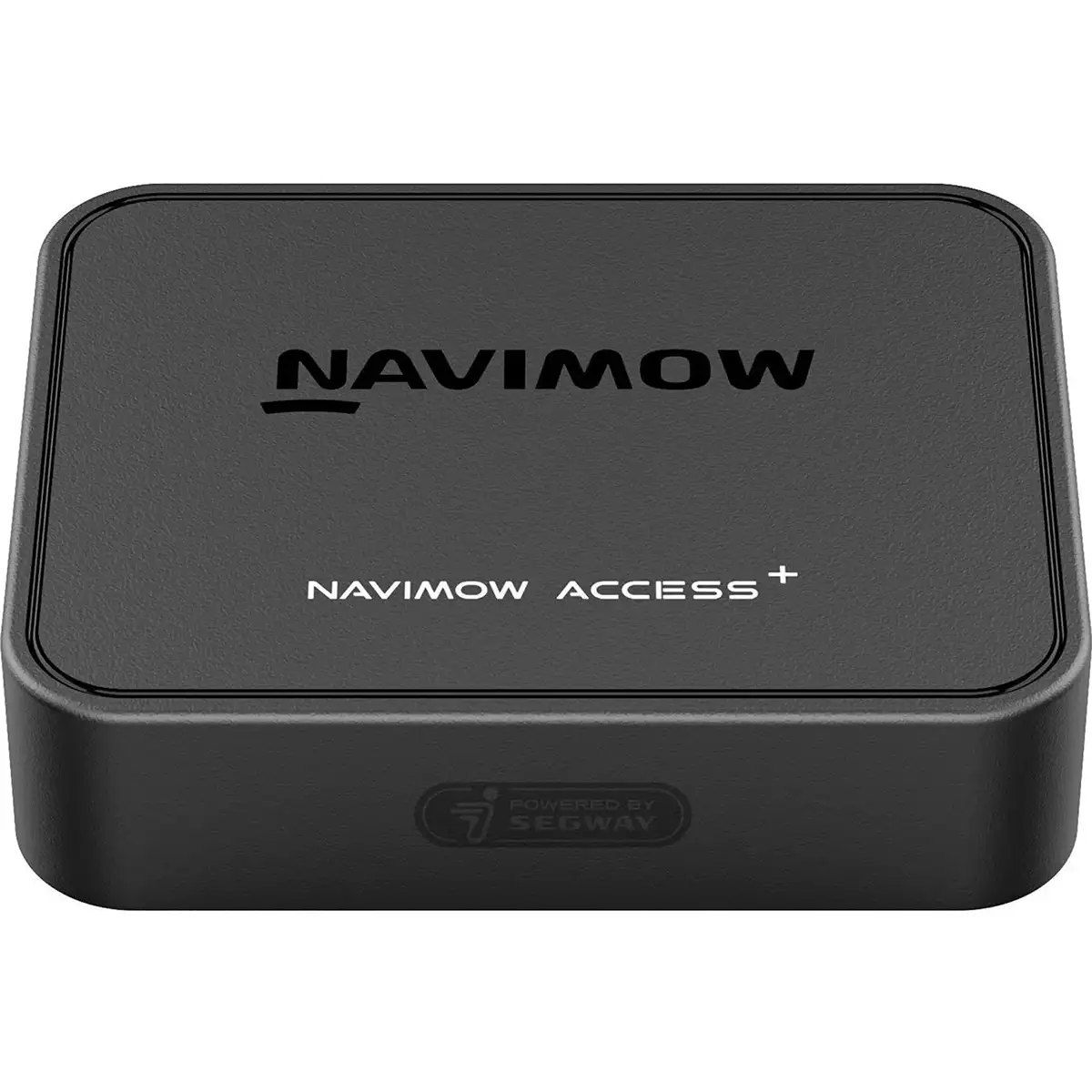 Schwarze Segway Navimow Access+ 4G-Modul-Box mit dem Schriftzug „Powered by Segway“ und dem Logo auf der unteren Vorderseite – ein praktisches Zubehör für Ihren Mähroboter, das in Kombination mit Ihrem Segway Navimow 4G-Modul den Diebstahlschutz optimal erhöht.