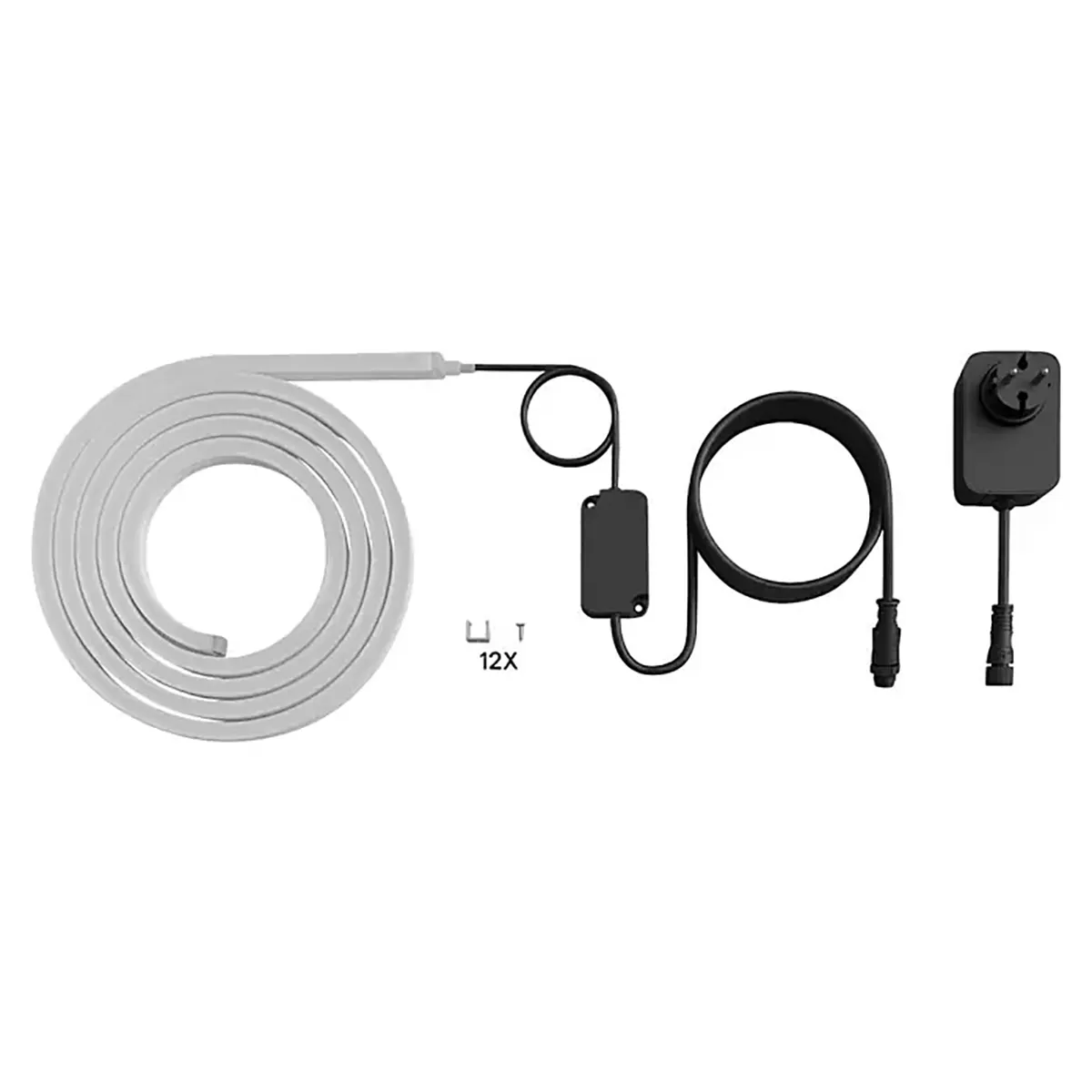 Philips Hue Neon Outdoor Lightstrip 3 m – weiß von Philips, inklusive Verbinder, Netzteil, schwarzem Kabel und 12 Befestigungsklammern vor weißem Hintergrund – eine ideale Lösung für die Außenbeleuchtung und die nahtlose Integration in Ihr Smart-Home-System.