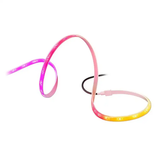 Ein flexibler Philips Hue Flux Gradient Outdoor Lightstrip LED-Lichtstreifen – weiß, ausgestattet mit der innovativen RGBWWIC-LED-Technologie von Philips, leuchtet in Rosa-, Violett- und Gelbtönen, während er sich in Schleifen vor einem weißen Hintergrund windet.