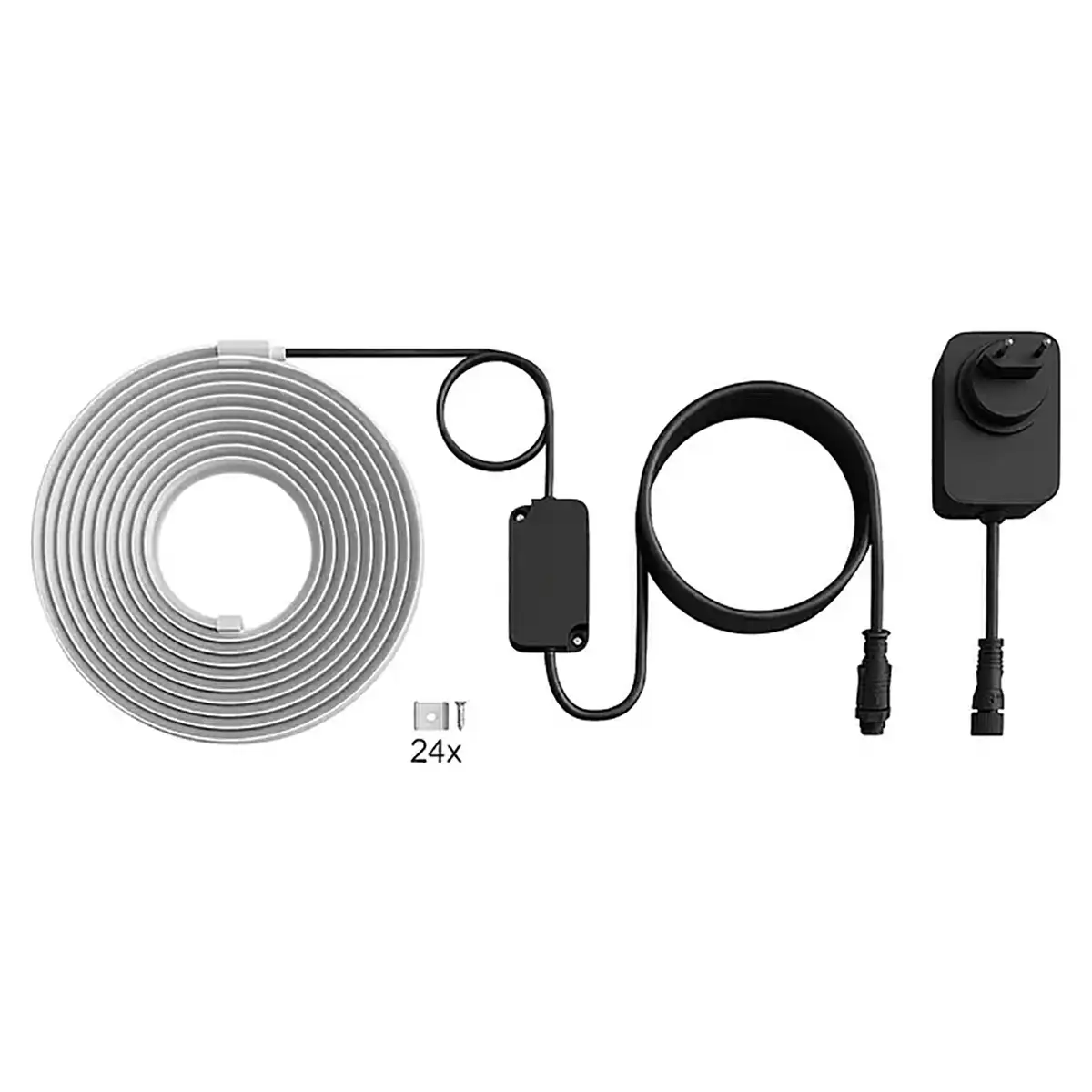 Der Philips Hue Flux Gradient Outdoor Lightstrip LED-Lichtstreifen in Weiß von Philips verfügt über fortschrittliche RGBWWIC-LED-Technologie, einen Stecker, ein Netzteil, ein schwarzes Kabel sowie 24 Befestigungsklammern. Vor einem weißen Hintergrund präsentiert, eignet er sich ideal zur Schaffung einer stimmungsvollen Atmosphäre im Außenbereich und bietet eine Funktionalität, die mit dem originalen Philips Hue Flux Gradient Outdoor Lightstrip vergleichbar ist.