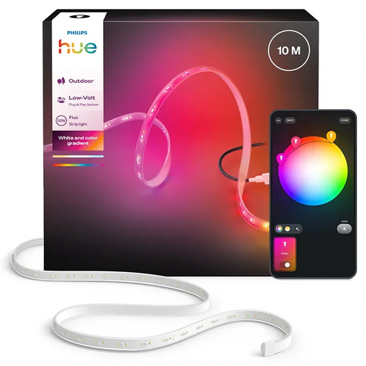 Philips Hue Flux Gradient Outdoor Lightstrip 10 m – weiß, per App steuerbar für nahtlose Farbwechsel, abgebildet mit Produktverpackung und Farbrad auf dem Handybildschirm. Perfekt als LED-Streifen für den Außenbereich von Philips sorgt er für lebendige und individuell anpassbare Beleuchtung in jedem Außenbereich.