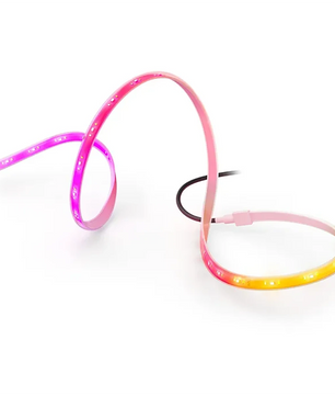 Flexibler LED-Lichtstreifen, der in Rosa, Lila und Gelb leuchtet und auf weißem Hintergrund aufgerollt ist – ideal für eine lebendige Farbwechselbeleuchtung mit dem „Philips Hue Flux Gradient Outdoor Lightstrip 10 m – weiß“ von Philips.