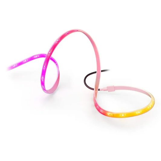 Flexibler LED-Lichtstreifen, der in Rosa, Lila und Gelb leuchtet und auf weißem Hintergrund aufgerollt ist – ideal für eine lebendige Farbwechselbeleuchtung mit dem „Philips Hue Flux Gradient Outdoor Lightstrip 10 m – weiß“ von Philips.