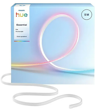 Der Philips Essential Neon Flex Lightstrip – weiß, aus dem Hause Philips – präsentiert sich flexibel vor seiner Verpackung in sanften Pastellfarben und bietet dank intelligenter Lichtsteuerung ein individuell anpassbares Beleuchtungserlebnis.