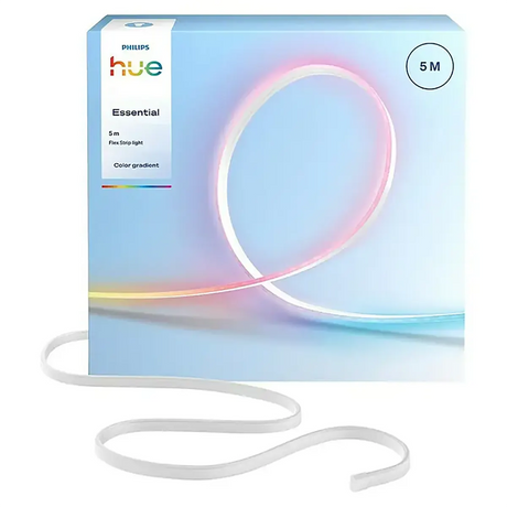 Der Philips Essential Neon Flex Lightstrip – weiß, aus dem Hause Philips – präsentiert sich flexibel vor seiner Verpackung in sanften Pastellfarben und bietet dank intelligenter Lichtsteuerung ein individuell anpassbares Beleuchtungserlebnis.