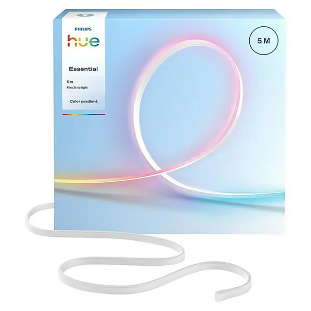 Der Philips Essential Neon Flex Lightstrip – weiß, aus dem Hause Philips – präsentiert sich flexibel vor seiner Verpackung in sanften Pastellfarben und bietet dank intelligenter Lichtsteuerung ein individuell anpassbares Beleuchtungserlebnis.