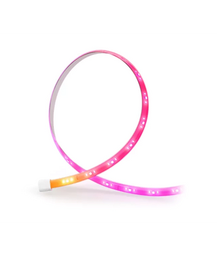Eine flexible Philips Flux Gradient Lightstrip Verlängerung - weiß, leuchtend in rosa, orange und weiß auf weißem Hintergrund - ideal als Smart-Home-kompatible LED-Streifenverlängerung für Philips.