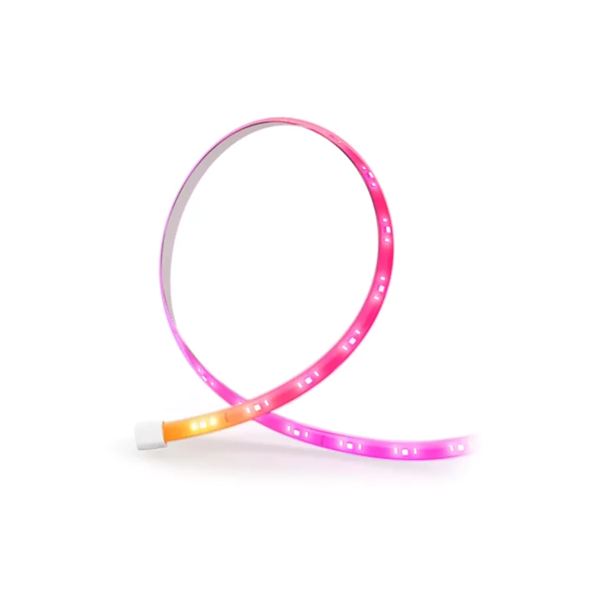 Eine flexible Philips Flux Gradient Lightstrip Verlängerung - weiß, leuchtend in rosa, orange und weiß auf weißem Hintergrund - ideal als Smart-Home-kompatible LED-Streifenverlängerung für Philips.