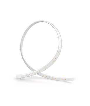 Der Philips Flux Gradient Lightstrip Verlängerung - weiß von Philips ist ein weißer, gewickelter LED-Streifen mit gleichmäßig verteilten kleinen Lichtern, der sich perfekt für Smart-Home-Einrichtungen eignet. Abgebildet auf einem weißen Hintergrund.