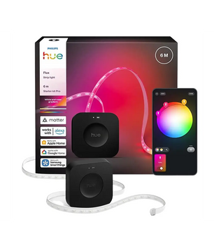 Philips Hue Flux Starterkit LED-Streifen – weiß von Philips, mit App-Steuerung und Kompatibilitätssymbolen auf der Verpackung.