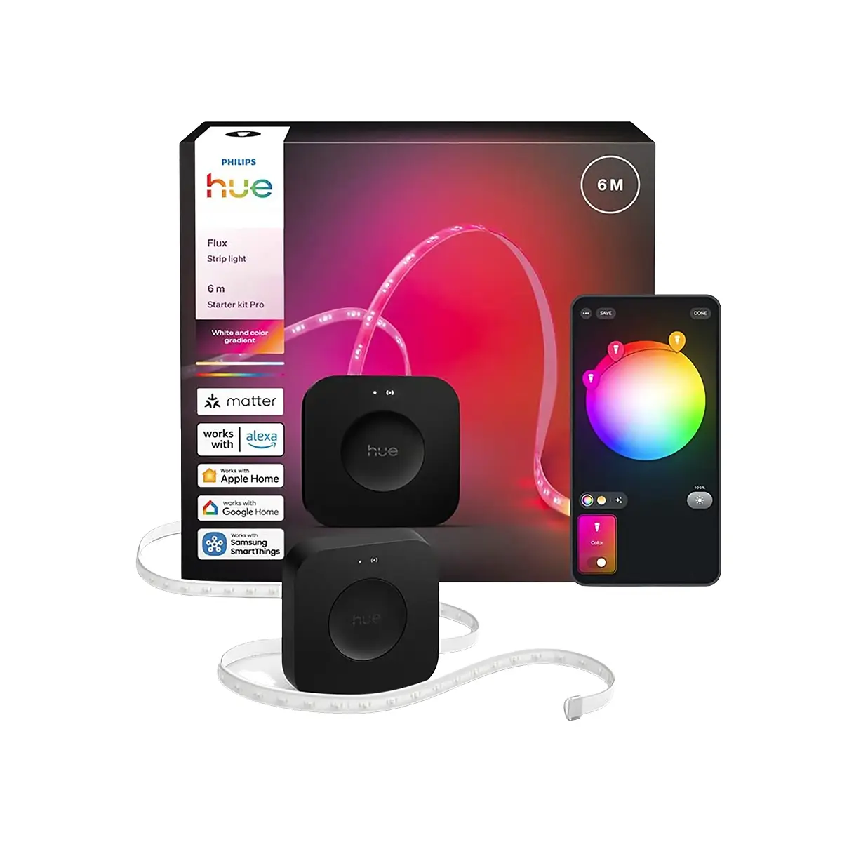 Philips Hue Flux Starterkit LED-Streifen – weiß von Philips, mit App-Steuerung und Kompatibilitätssymbolen auf der Verpackung.