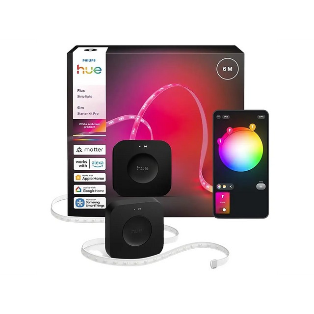 Philips Hue Flux Starterkit LED-Streifen – weiß von Philips, mit App-Steuerung und Kompatibilitätssymbolen auf der Verpackung.