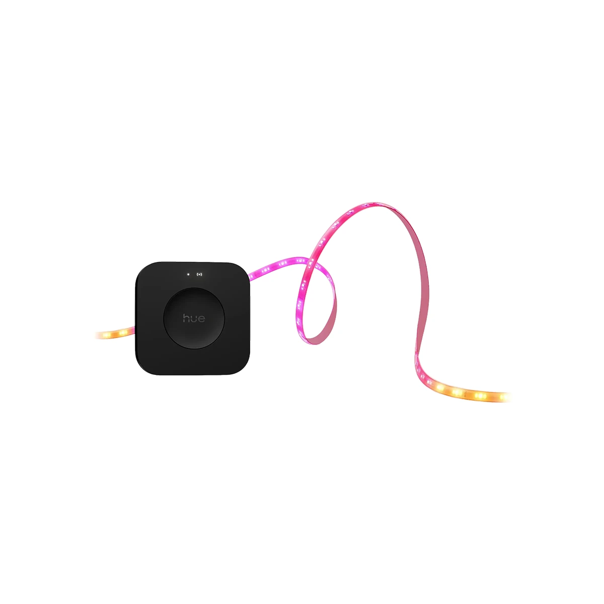 Schwarzer Smart Hub mit einem angeschlossenen Philips Hue Flux Starterkit LED-Streifen – weiß, der leuchtende Rosa-, Gelb- und Orangetöne anzeigt – perfekt für farbenfrohe Beleuchtung von Philips.