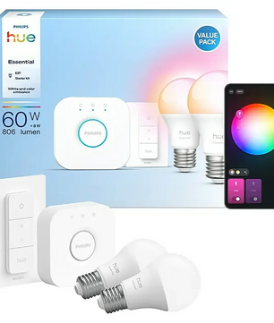 Philips Hue Essential E27 Starter-Set – weiß, mit zwei LED-Lampen, Hub, Schalter und App-Steuerung für die intelligente Beleuchtung von Philips.
