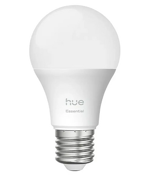 Ein Philips Hue Essential E27 Starter-Set – weiß, bestehend aus einer weißen LED-Lampe mit silbernem E27-Schraubsockel, wird vor einem schlichten Hintergrund präsentiert – ideal, um Ihre smarte Beleuchtung mit hochwertiger Qualität von Philips aufzurüsten.