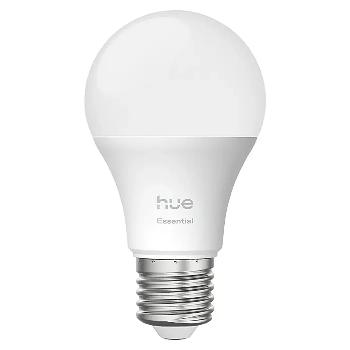 Ein Philips Hue Essential E27 Starter-Set – weiß, bestehend aus einer weißen LED-Lampe mit silbernem E27-Schraubsockel, wird vor einem schlichten Hintergrund präsentiert – ideal, um Ihre smarte Beleuchtung mit hochwertiger Qualität von Philips aufzurüsten.