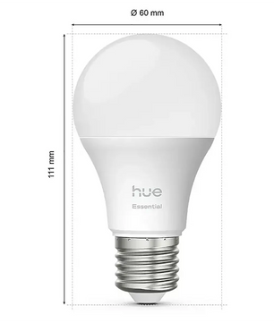 Eine Philips Hue Essential E27 Starter-Set – weiße LED-Glühbirne von Philips mit einer Breite von 60 mm und einer Höhe von 111 mm eignet sich ideal für die smarte Beleuchtung in Ihrem Zuhause.
