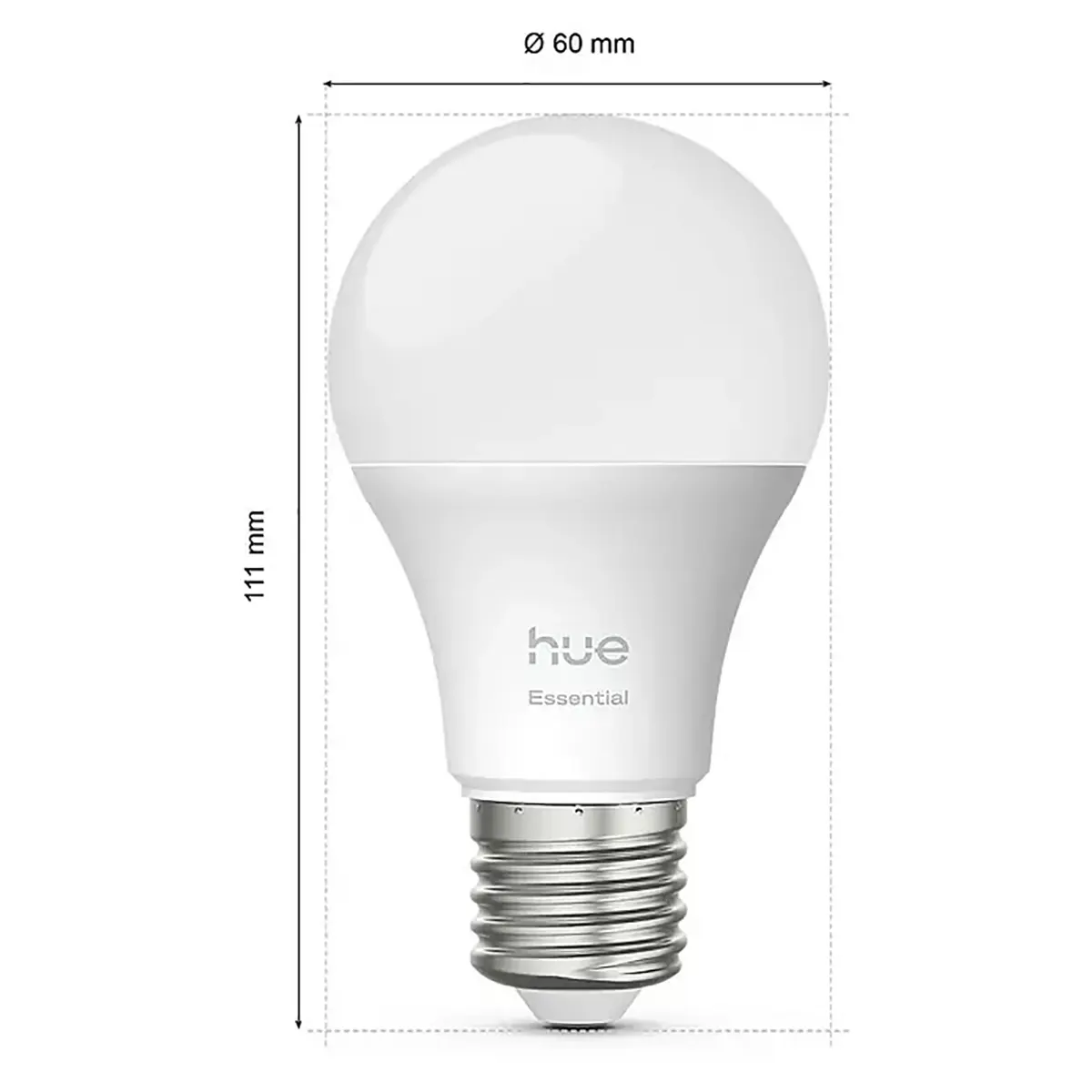 Eine Philips Hue Essential E27 Starter-Set – weiße LED-Glühbirne von Philips mit einer Breite von 60 mm und einer Höhe von 111 mm eignet sich ideal für die smarte Beleuchtung in Ihrem Zuhause.