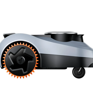 Der Segway Navimow i210E LiDAR-Rasenmähroboter in Grau verfügt über Räder mit orangefarbenem Profil, ein elegantes, modernes Design und eine Seitenansicht – ideal für große Gartenflächen dank fortschrittlicher LiDAR-Navigation.