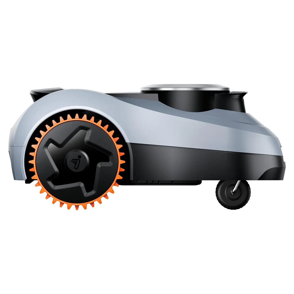 Der Segway Navimow i210E LiDAR-Rasenmähroboter in Grau verfügt über Räder mit orangefarbenem Profil, ein elegantes, modernes Design und eine Seitenansicht – ideal für große Gartenflächen dank fortschrittlicher LiDAR-Navigation.