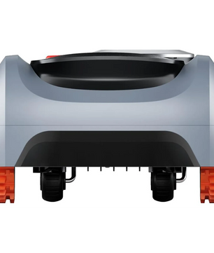 Vorderansicht des Segway Navimow i210E LiDAR-Rasenmähroboters in Grau mit orangefarbenen Rädern, einem eleganten Design für große Gartenflächen und fortschrittlicher LiDAR-Navigation für präzises Mähen.