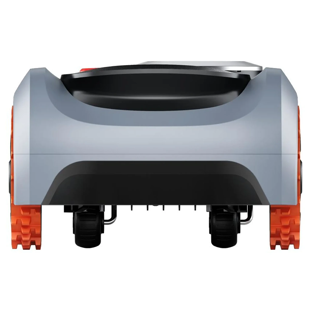 Vorderansicht des Segway Navimow i210E LiDAR-Rasenmähroboters in Grau mit orangefarbenen Rädern, einem eleganten Design für große Gartenflächen und fortschrittlicher LiDAR-Navigation für präzises Mähen.
