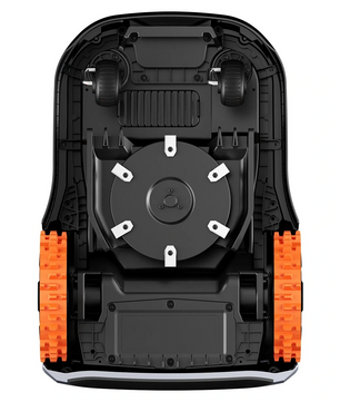 Ansicht von unten des Segway Navimow i210E LiDAR-Rasenmähroboters in Grau: zu sehen sind orangefarbene Raupenketten, ein schwarzes Gehäuse, Räder, zentrale Mähmesser und die fortschrittliche LiDAR-Navigation – ideal für große Gartenflächen von Segway.