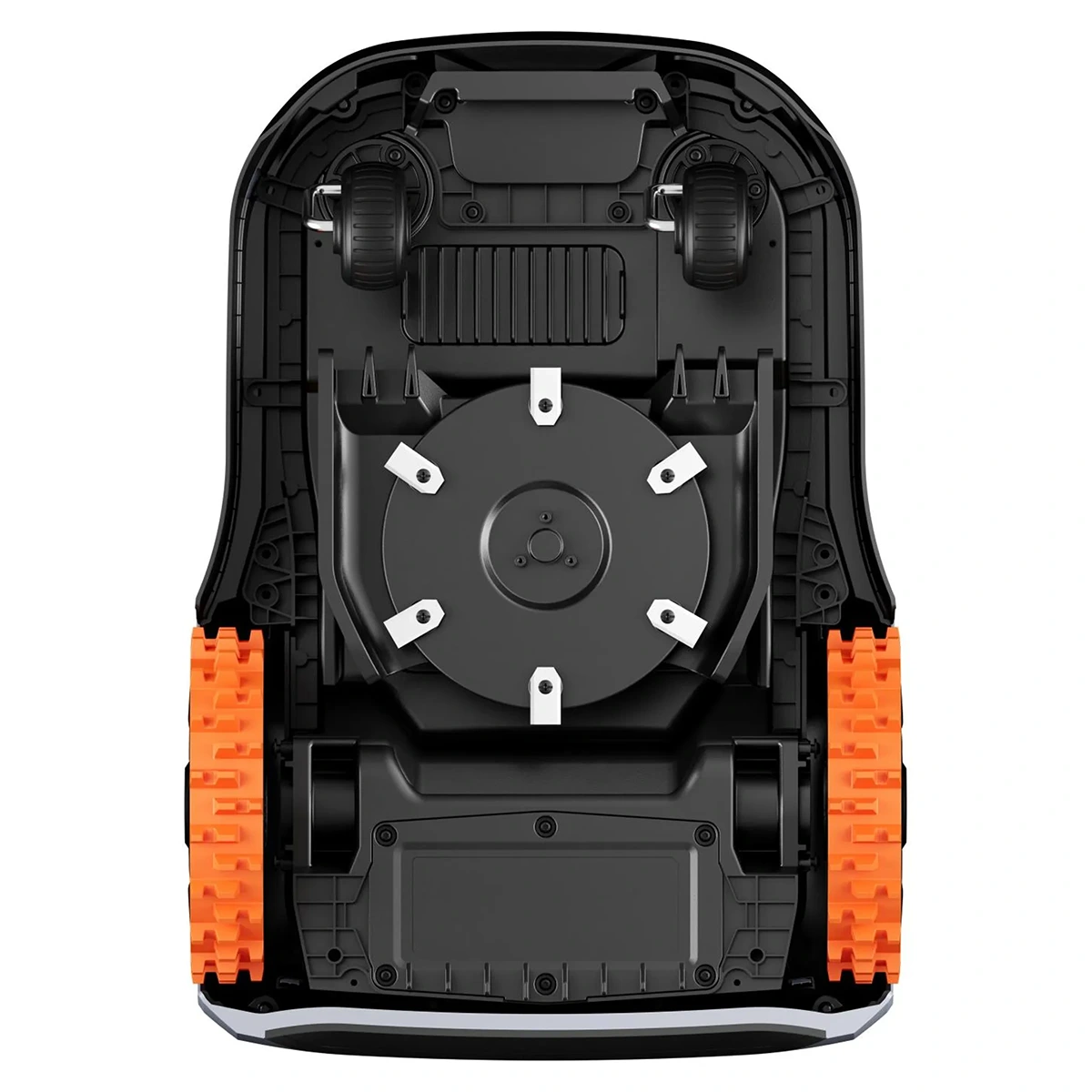 Ansicht von unten des Segway Navimow i210E LiDAR-Rasenmähroboters in Grau: zu sehen sind orangefarbene Raupenketten, ein schwarzes Gehäuse, Räder, zentrale Mähmesser und die fortschrittliche LiDAR-Navigation – ideal für große Gartenflächen von Segway.