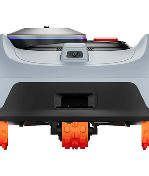 Vorderansicht des Segway Navimow i206E AWD Mähroboters in Grau: elegantes, kabelloses Design mit orangefarbenen Raupenketten und Kamera, ideal als Rasenroboter für bis zu 600 m². Marke: Segway.
