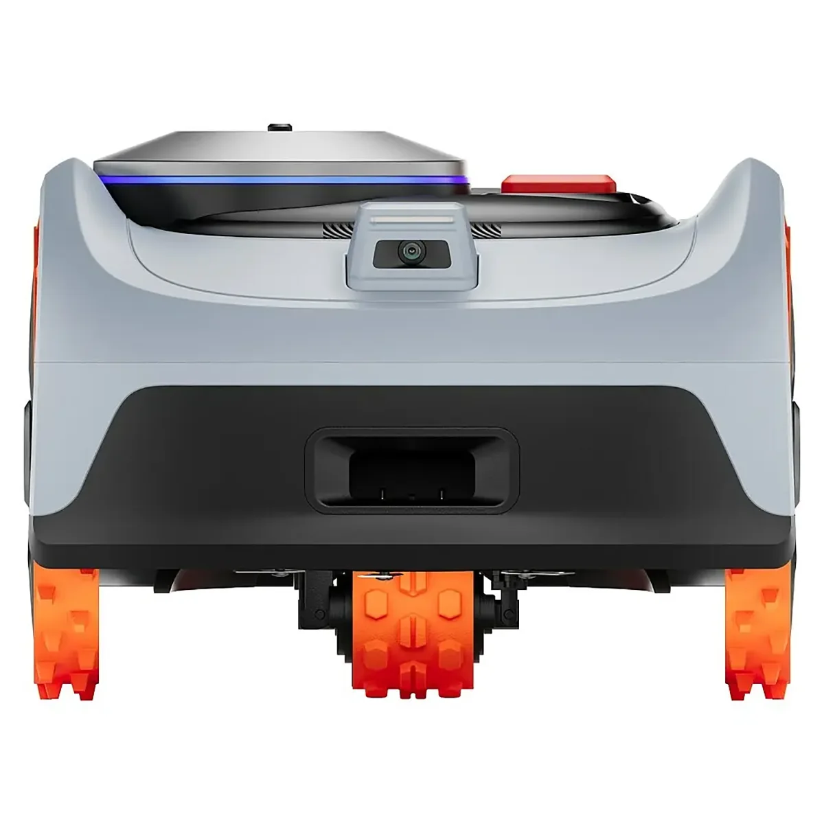 Vorderansicht des Segway Navimow i206E AWD Mähroboters in Grau: elegantes, kabelloses Design mit orangefarbenen Raupenketten und Kamera, ideal als Rasenroboter für bis zu 600 m². Marke: Segway.