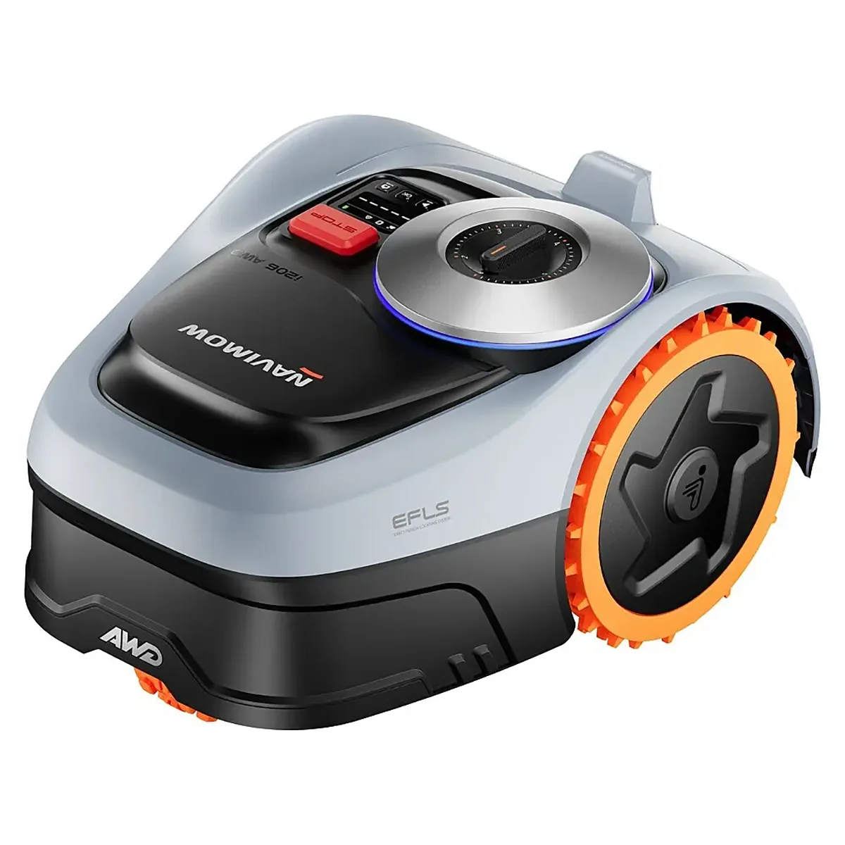 Der Segway Navimow i206E AWD Mähroboter – grau von Segway mäht bis zu 600 m², hat orangefarbene Räder und ein schwarz-grau-silbernes Design. Er kommt ohne Begrenzungskabel aus – für eine einfache Installation und präzise Rasenpflege.