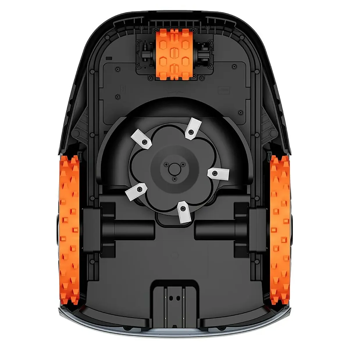 Ansicht der Unterseite des Segway Navimow i206E AWD Mähroboters – grau von Segway, mit orangefarbenen Rädern und Metallmessern.