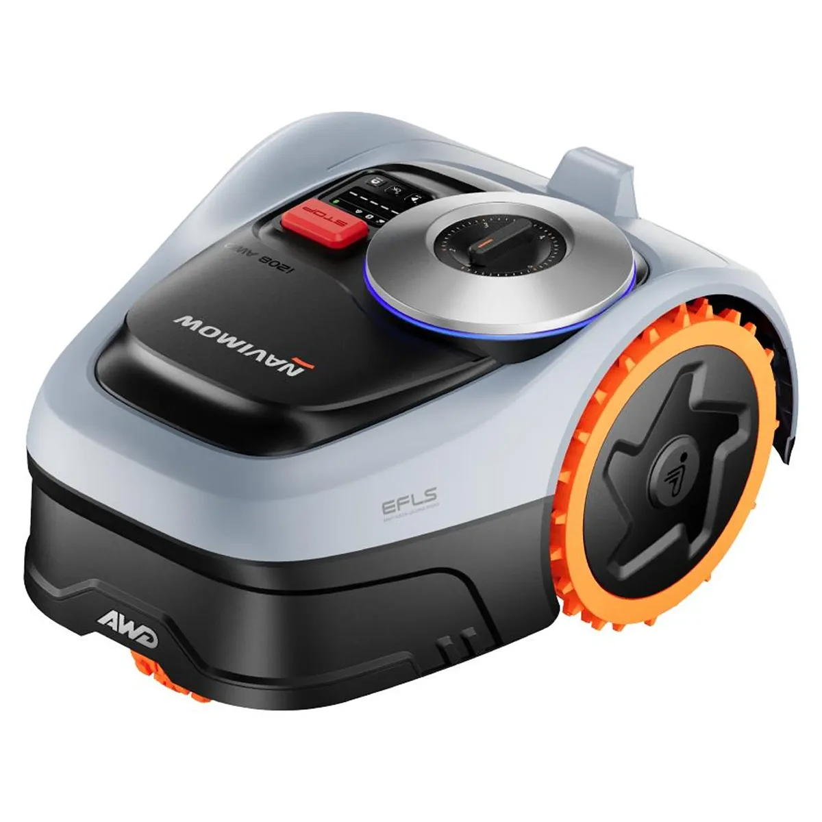 Der Segway Navimow i208 AWD Mähroboter in Grau von Segway besticht durch sein stilvolles Design und sein markantes Bedienrad und ermöglicht ein effizientes Mähen ohne Begrenzungen – perfekt als Rasenroboter mit Allradantrieb.