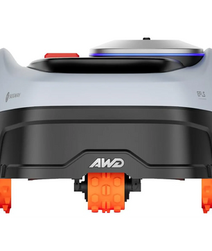 Vorderansicht des Segway Navimow i208 AWD Mähroboters in Grau von Segway, eines Mähroboters ohne Begrenzungskabel, der sich durch orangefarbene Räder und ein AWD-Logo auf seinem modernen schwarz-weißen Design auszeichnet.