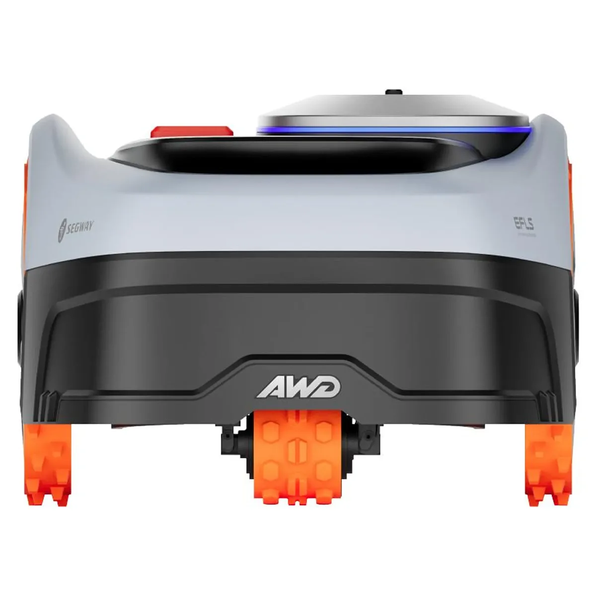 Vorderansicht des Segway Navimow i208 AWD Mähroboters in Grau von Segway, eines Mähroboters ohne Begrenzungskabel, der sich durch orangefarbene Räder und ein AWD-Logo auf seinem modernen schwarz-weißen Design auszeichnet.