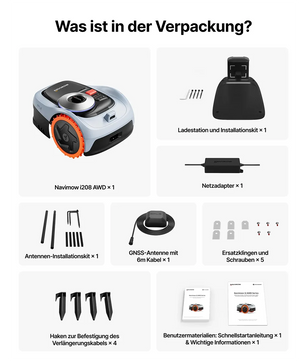 Lieferumfang: Segway Navimow i208 AWD Mähroboter – grau von Segway, Ladestation, Kabel, Schrauben, Antennen, Verlängerungsspitzen, Anleitungen – alles für kabelloses Mähen ohne Begrenzungskabel.
