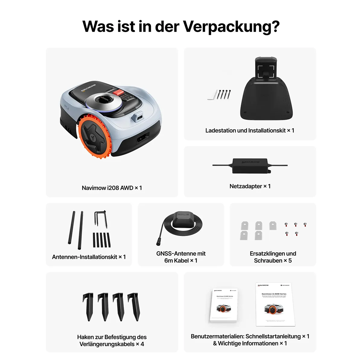 Lieferumfang: Segway Navimow i208 AWD Mähroboter – grau von Segway, Ladestation, Kabel, Schrauben, Antennen, Verlängerungsspitzen, Anleitungen – alles für kabelloses Mähen ohne Begrenzungskabel.