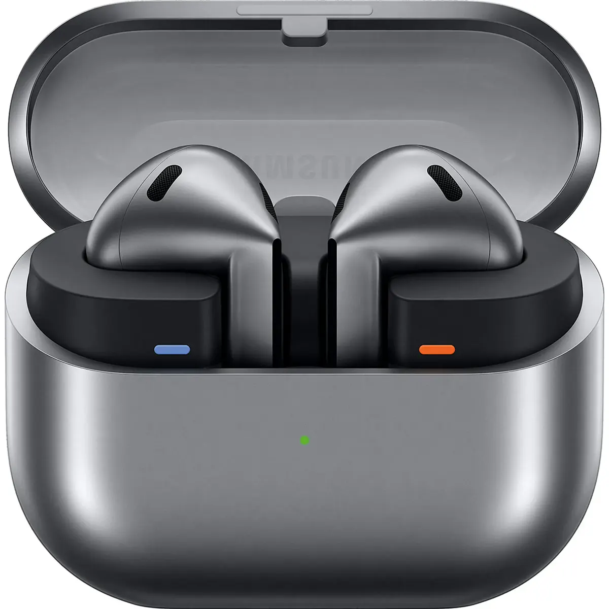 Die Samsung R530 Galaxy Buds 3 Kopfhörer sind silberne True-Wireless In-Ear-Kopfhörer in einem offenen Ladegehäuse mit Kontrollleuchten, die eine aktive Geräuschunterdrückung ähnlich wie andere Samsung-Ohrhörer bieten.