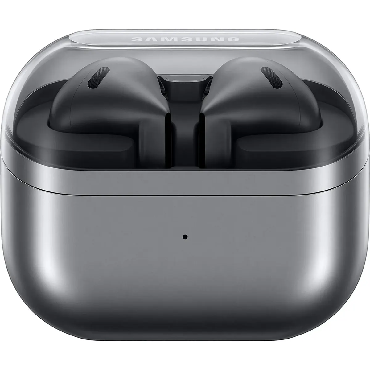 Die Samsung R530 Galaxy Buds 3 Kopfhörer von Samsung in Schwarz kommen im grauen Ladecase mit transparentem Deckel und bieten aktive Geräuschunterdrückung für ungestörten Musikgenuss.