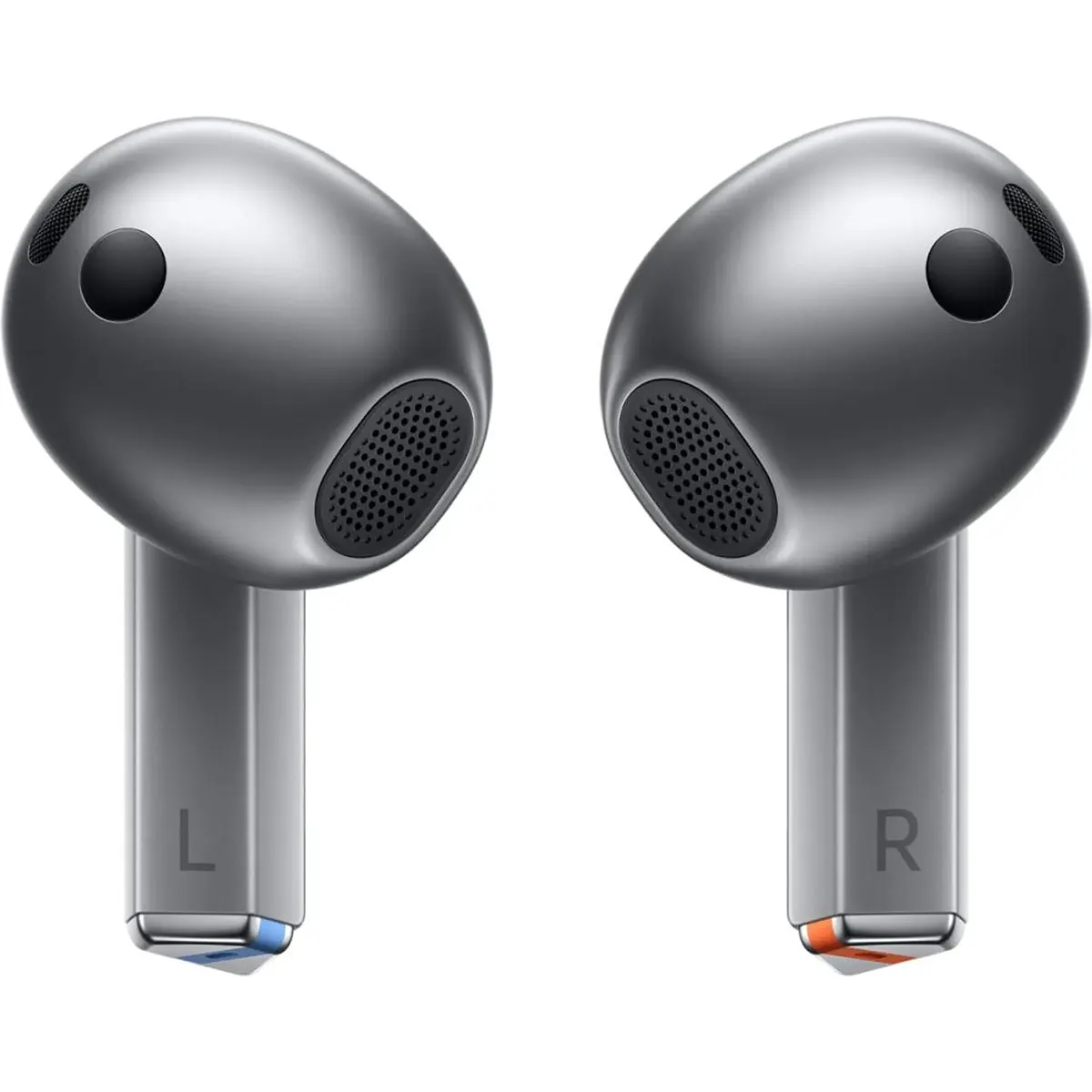 Zwei kabellose graue Ohrhörer mit den Bezeichnungen L und R und blauen und roten Akzenten an der Unterseite, mit einem schlanken Design wie die Samsung R530 Galaxy Buds 3 Kopfhörer von Samsung mit aktiver Geräuschunterdrückung.