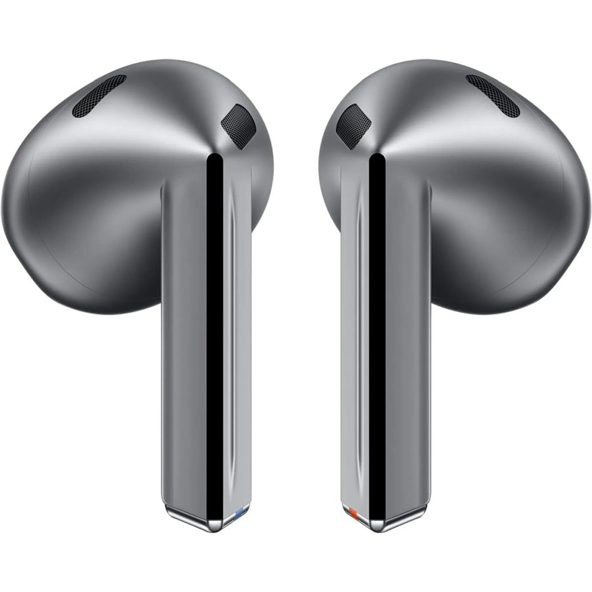 Zwei metallische Samsung R530 Galaxy Buds 3 Kopfhörer True-Wireless In-Ear Kopfhörer mit langen Stielen sind nebeneinander auf einem weißen Hintergrund abgebildet.