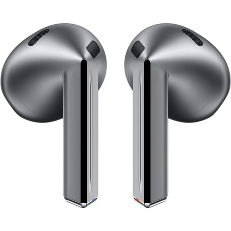 Zwei metallische Samsung R530 Galaxy Buds 3 Kopfhörer True-Wireless In-Ear Kopfhörer mit langen Stielen sind nebeneinander auf einem weißen Hintergrund abgebildet.