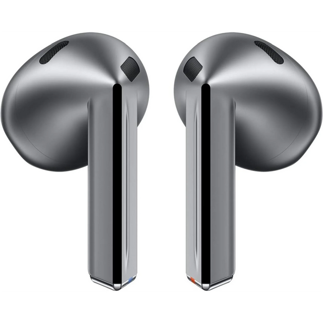 Zwei metallische Samsung R530 Galaxy Buds 3 Kopfhörer True-Wireless In-Ear Kopfhörer mit langen Stielen sind nebeneinander auf einem weißen Hintergrund abgebildet.