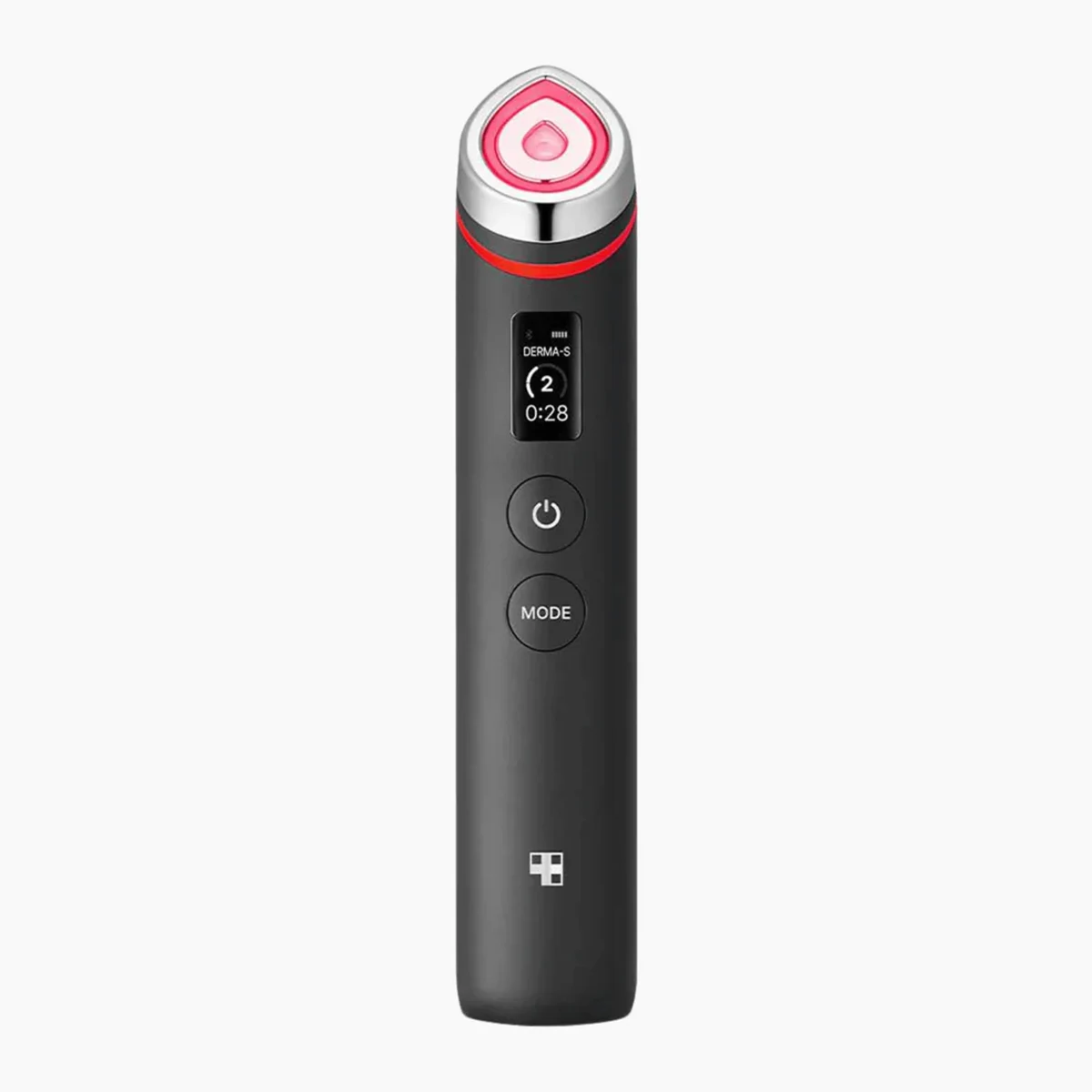 Der Medicube Age-R Booster Pro von Medicube ist ein schwarzes, tragbares Anti-Aging-Gerät mit Display und Tasten, das mit einem rosafarbenen, herzförmigen Behandlungskopf ausgestattet ist, um die Elastizität der Haut zu verbessern und das Lifting des Gesichts zu unterstützen.
