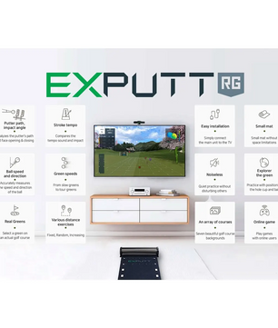 Ein Wohnzimmer mit Fernseher und Puttingmatte, ausgestattet mit dem Exputt EX500D Golf Simulator - schwarz von Exputt, bietet fortschrittliche Putt-Trainingsfunktionen für effektives Üben zu Hause.
