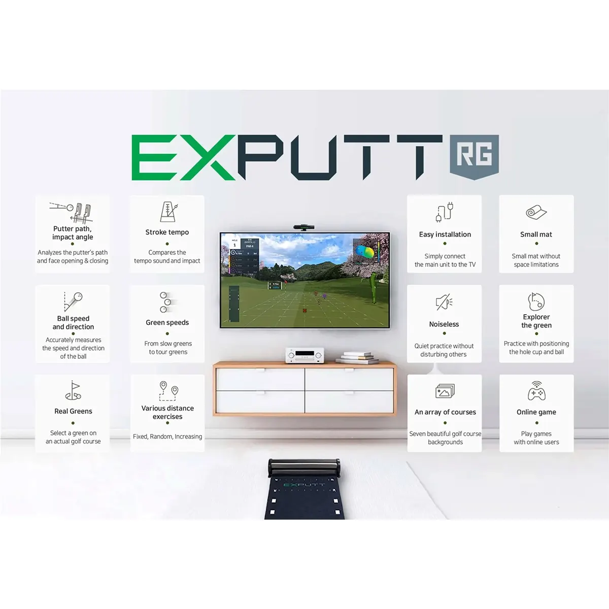 Ein Wohnzimmer mit Fernseher und Puttingmatte, ausgestattet mit dem Exputt EX500D Golf Simulator - schwarz von Exputt, bietet fortschrittliche Putt-Trainingsfunktionen für effektives Üben zu Hause.