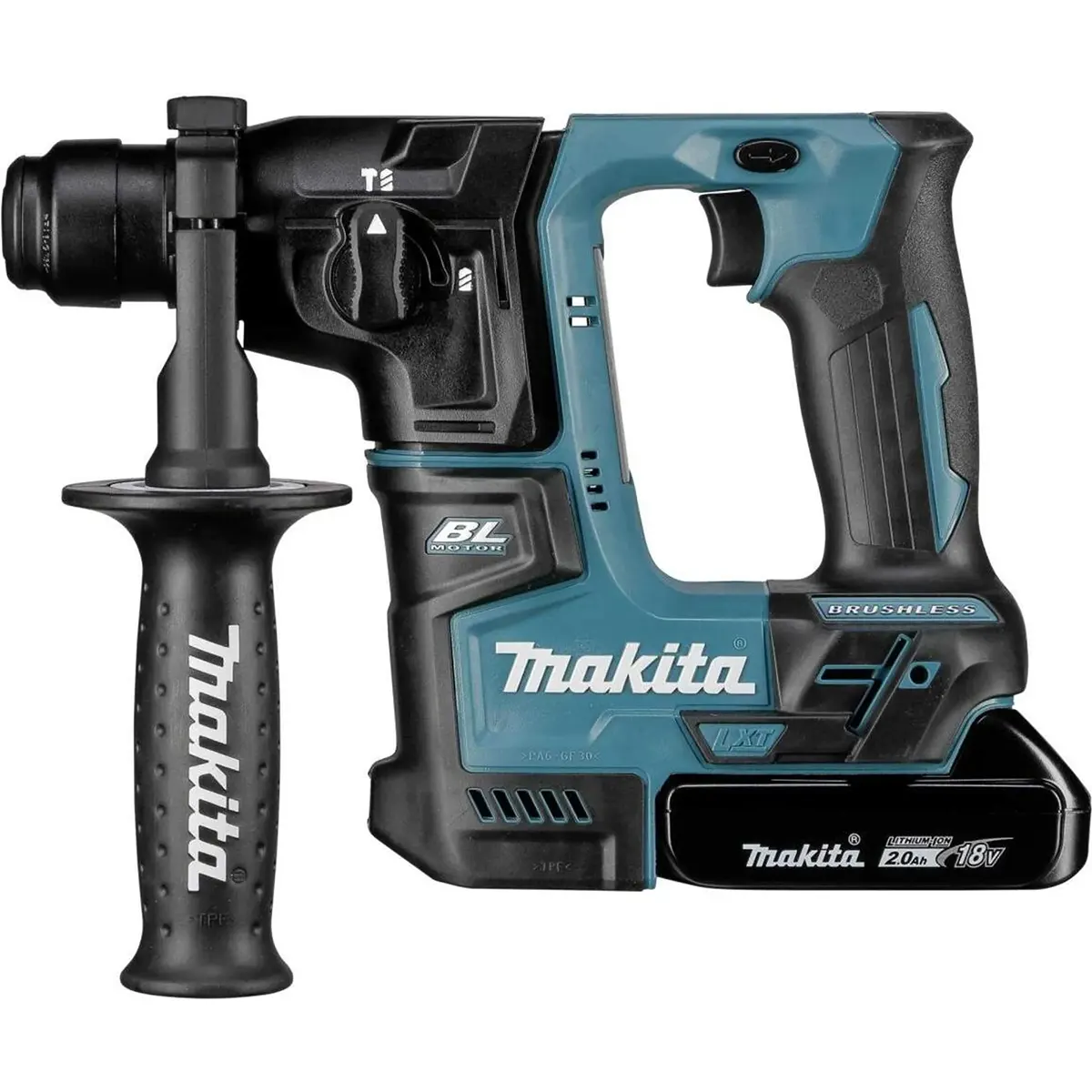 Makita DHR171RAJ Akku-Bohrhammer – blau: Kabelloser Bohrhammer von Makita aus der LXT-Serie mit SDS-PLUS, Seitengriff und 18-V-Akku.