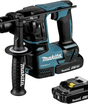 Der blaue Makita DHR171RAJ Akku-Bohrhammer bietet kabellosen Komfort für effizientes Bohren und ist mit einem Seitengriff sowie einem abnehmbaren Akku ausgestattet.