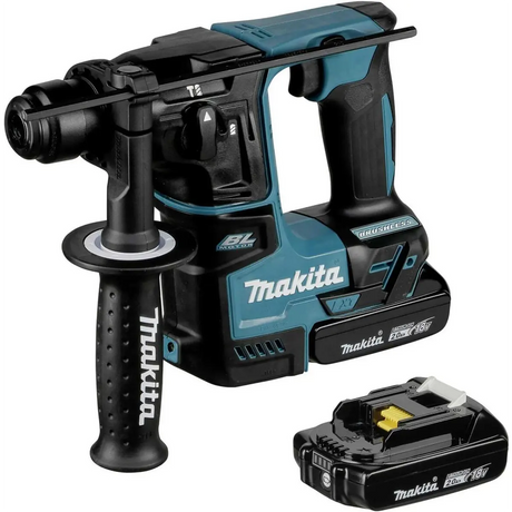 Der blaue Makita DHR171RAJ Akku-Bohrhammer bietet kabellosen Komfort für effizientes Bohren und ist mit einem Seitengriff sowie einem abnehmbaren Akku ausgestattet.