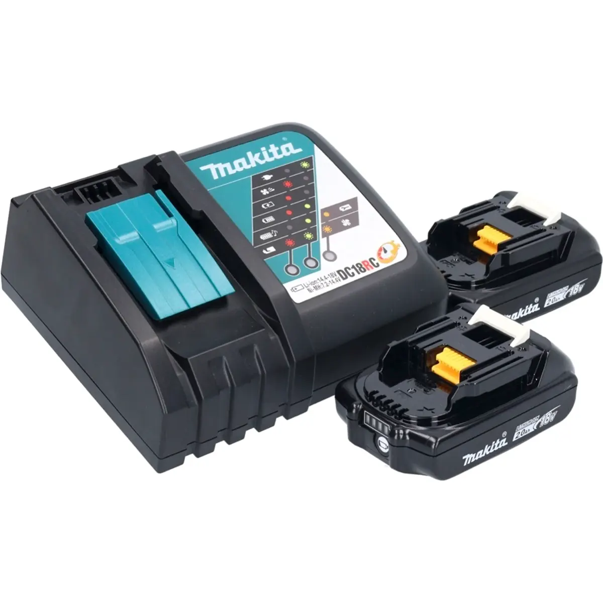 Der Makita DHR171RAJ Akku-Bohrhammer – blau von Makita wird zusammen mit seinem Ladegerät und zwei 18-V-SDS-PLUS-Akkus daneben auf weißem Hintergrund abgebildet.